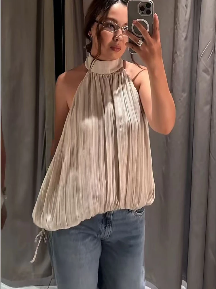 Elegant Pleated Halter Vest For Women Summer 2026 Fashion Open Back Holiday Tops New Trendy High Street Party Halter Tops