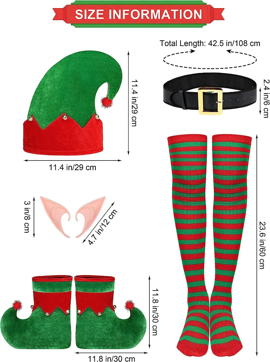 Conjunto de disfraz de elfo de Navidad para niñas y mujeres, incluye cinturones, sombrero, medias a rayas, zapatos, vestido de Papá Noel