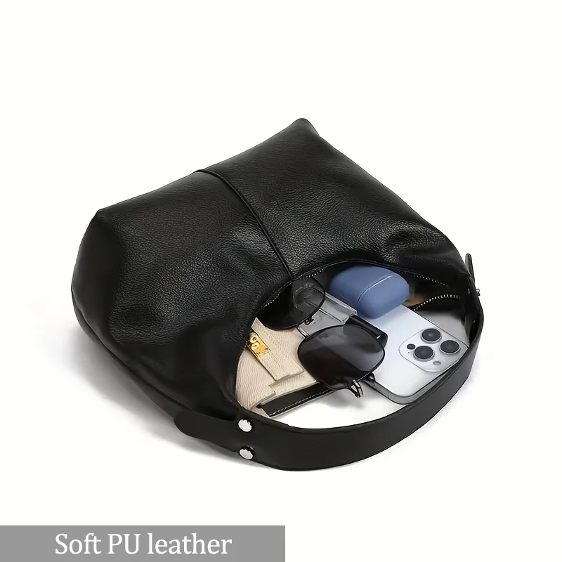 Damen Einfache Einfarbige PU-Leder Hobo-Tasche Minimalistische Unterarm-Schultertasche Lässige Große Kapazität Alltags-Handtasche – Detail 5