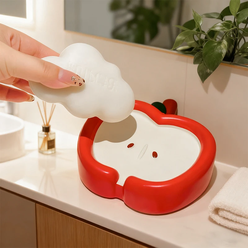 Bandeja de jabón de manzana creativa, jabonera portátil, caja de almacenamiento de jabón de drenaje, estante de almacenamiento de jabón bonito para baño, adorno de decoración del hogar