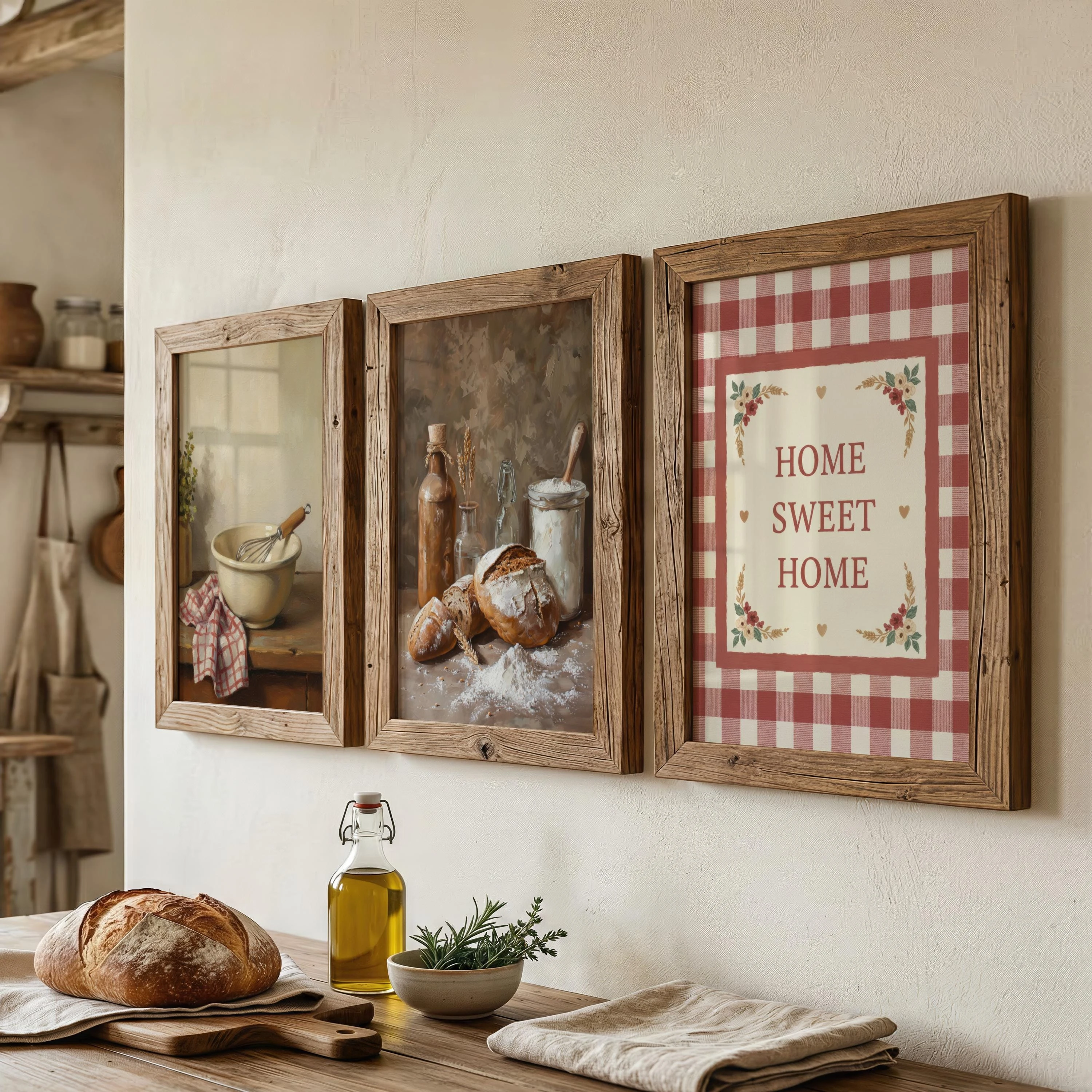 3pcs Rustic Kitchen Prints Farmhouse Gallery Wall Vintage Bread Flour Still Life Red Gingham Home Sweet Home Print Digital Decor