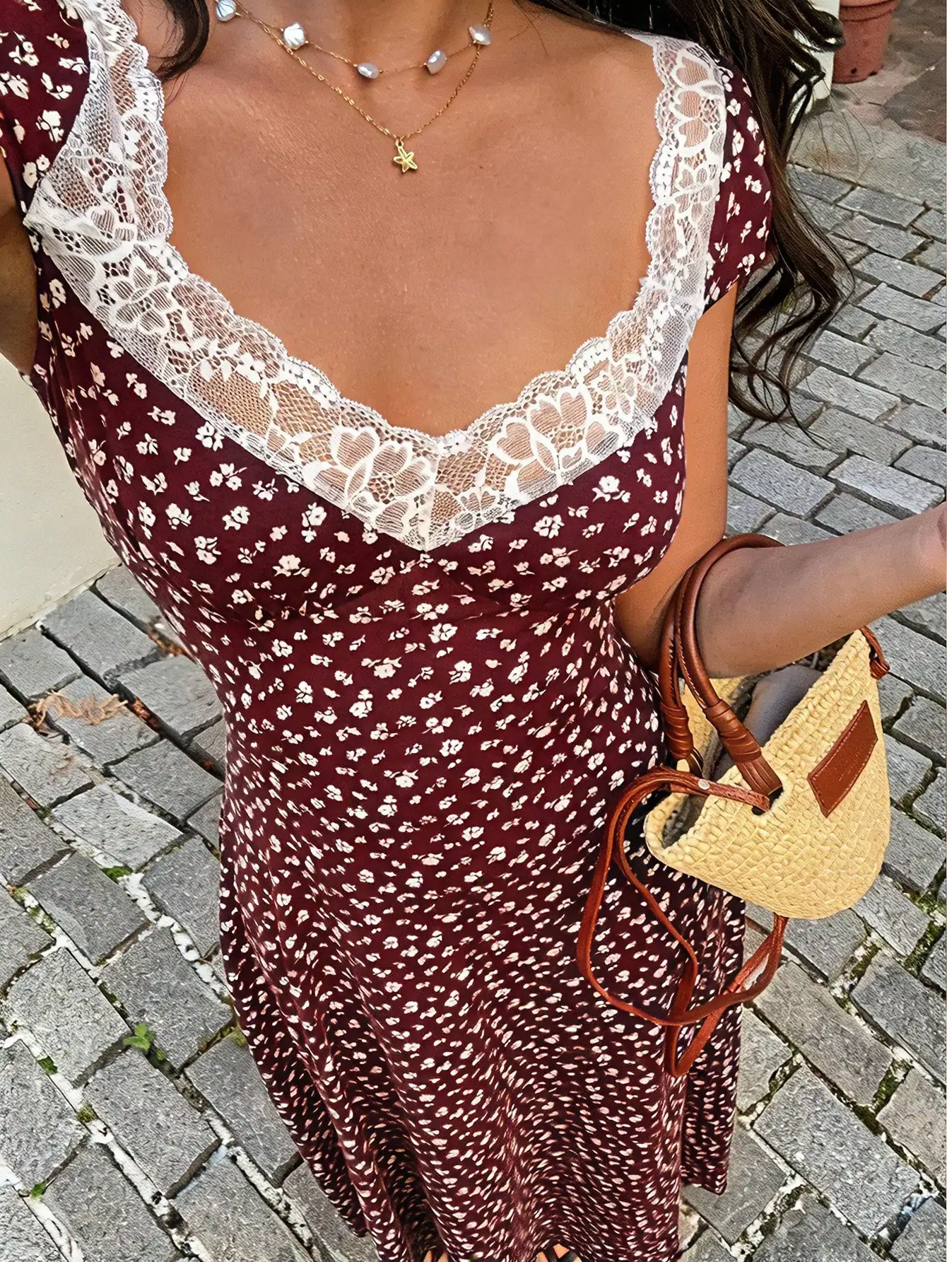 

Платье миди А-силуэта с принтом в горошек, кружевным вырезом в форме сердца и пышными рукавами для женщин, летнее