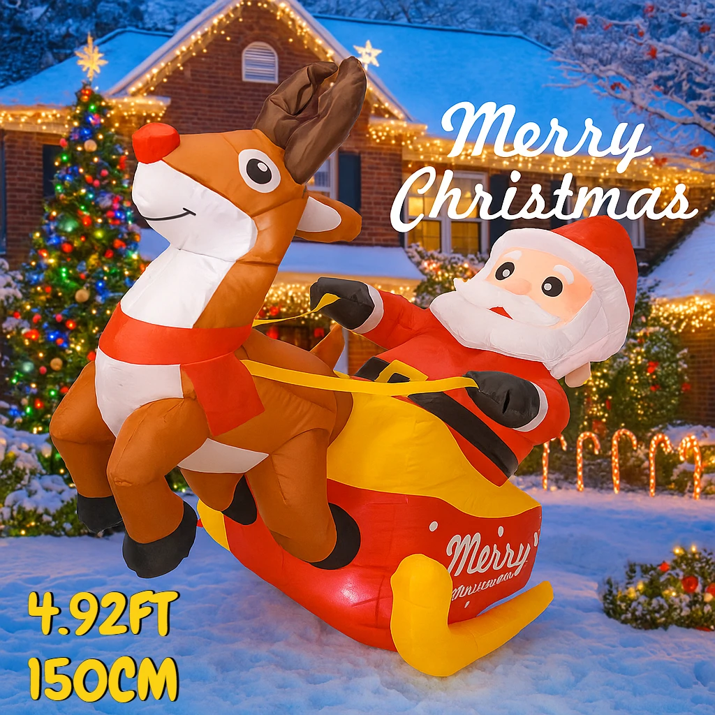 4.92FT لعبة قابلة للنفخ الرنة زلاجات سانتا كلوز مع أضواء LED هدايا العيد زينة عيد الميلاد لمستلزمات الفناء الحلي المنزلية