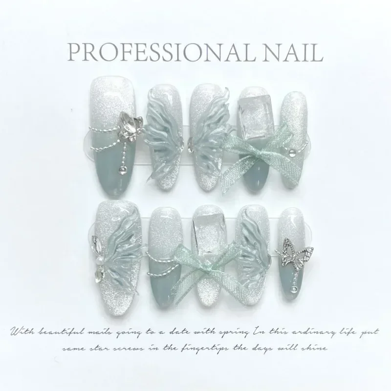 

Handmade Long Press on Nails Green 3d Bow Butterfly Rhinestone Design Nail Tips Glued Nails with Box and Tools False Nails Art