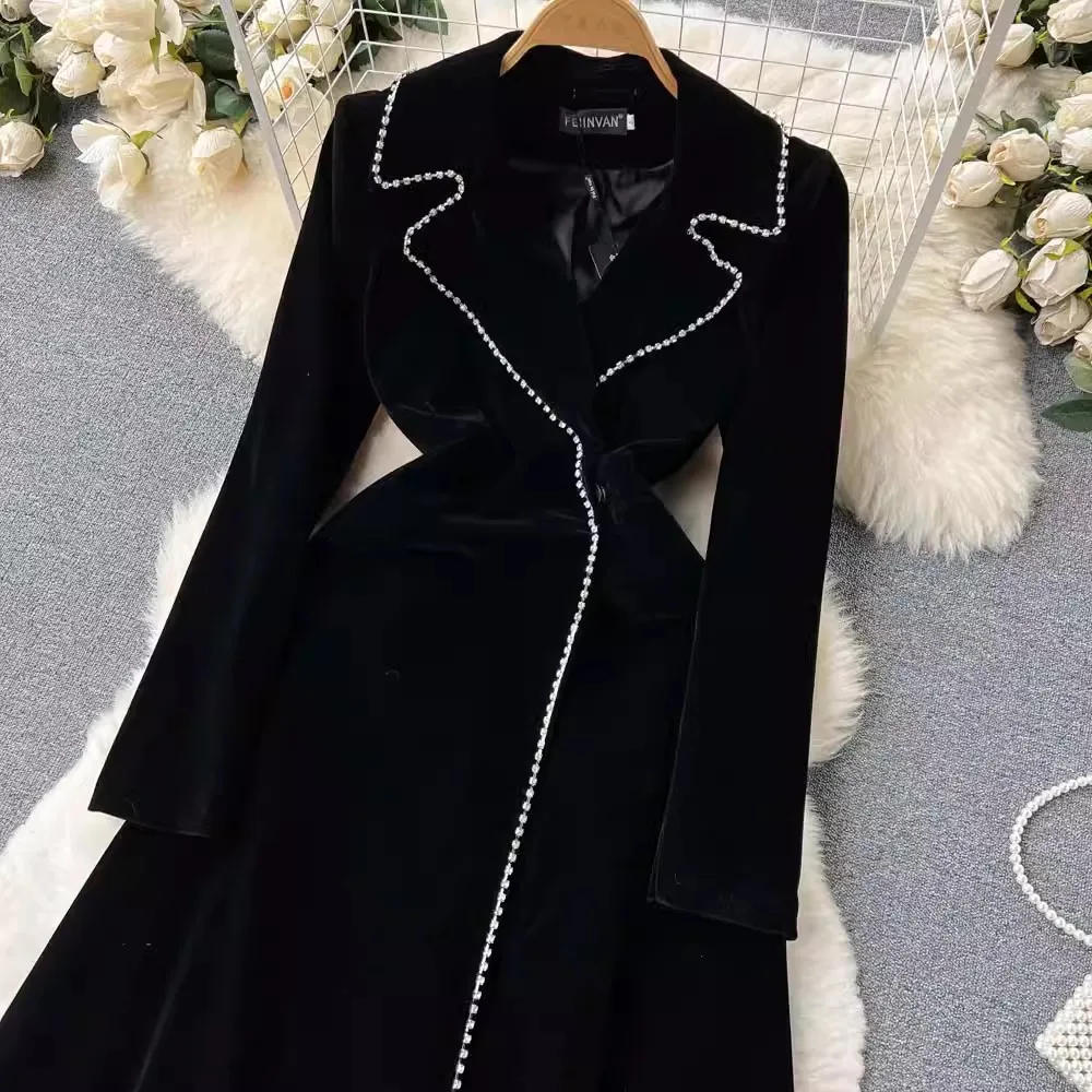 Elegant Autumn Winter Black Velvet Long Trench Coat New 2023 High Quality Women Diamonds Notched Collar Thick Warm Maxi Outwear