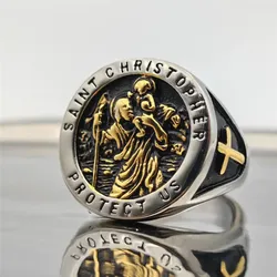 Golden Cross Solid Ring 316L Stainless Steel Jewelry Saint Christopher Protect Us Rings