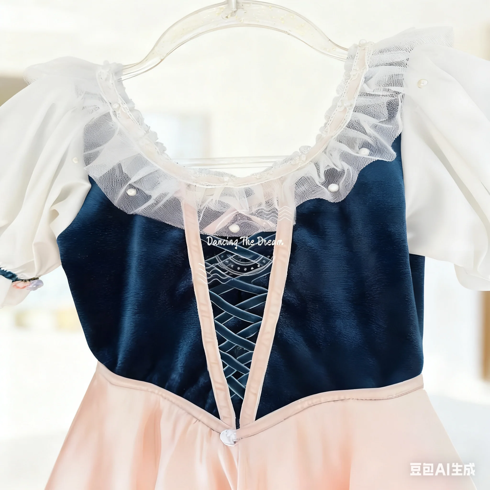 فستان باليه عتيق من الدانتيل المخملي - فستان باليه بأكمام منتفخة أنيق باللونين الأزرق الداكن والوردي