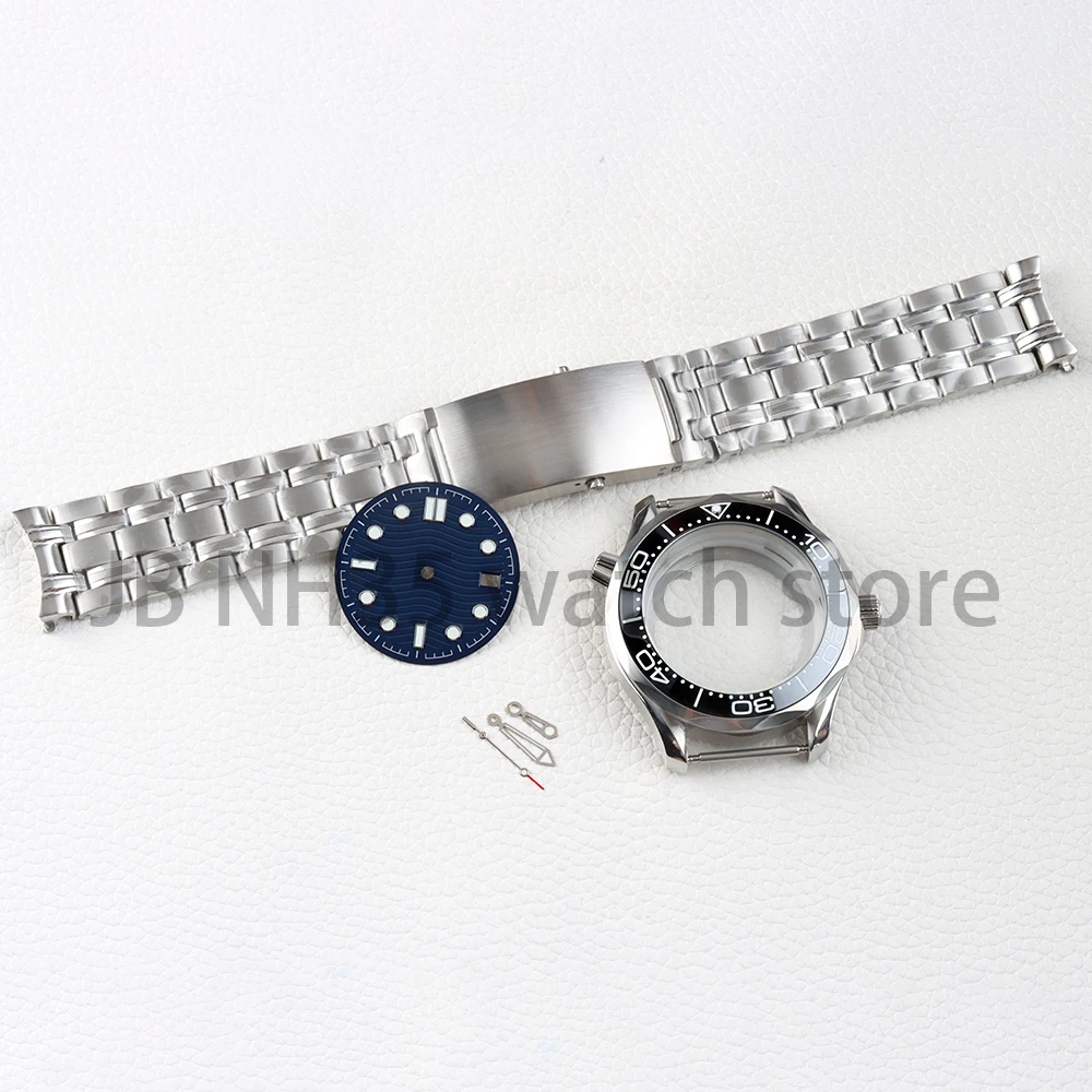 41mm Silver NH35 Watch Case With 31mm Dial and hands Green Luminous Fit Seamaster 300  NH35 NH36 Movement 316L Stainless Steel