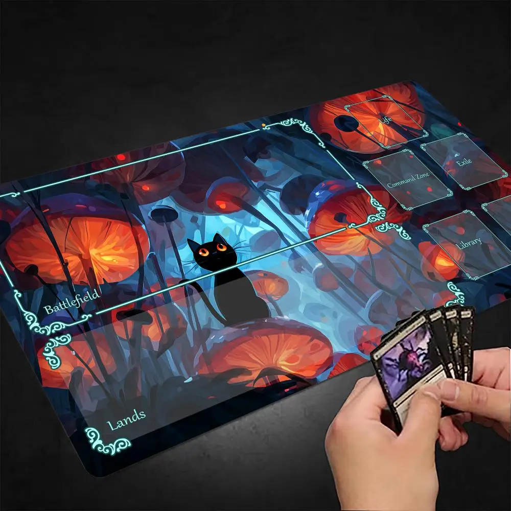 

Giant Mushroom Forest and Cat MTG Playmat Magic Card Mat Stitched Edge Non-Slip Durable Tabletop playmat Board Game Mat for TCG