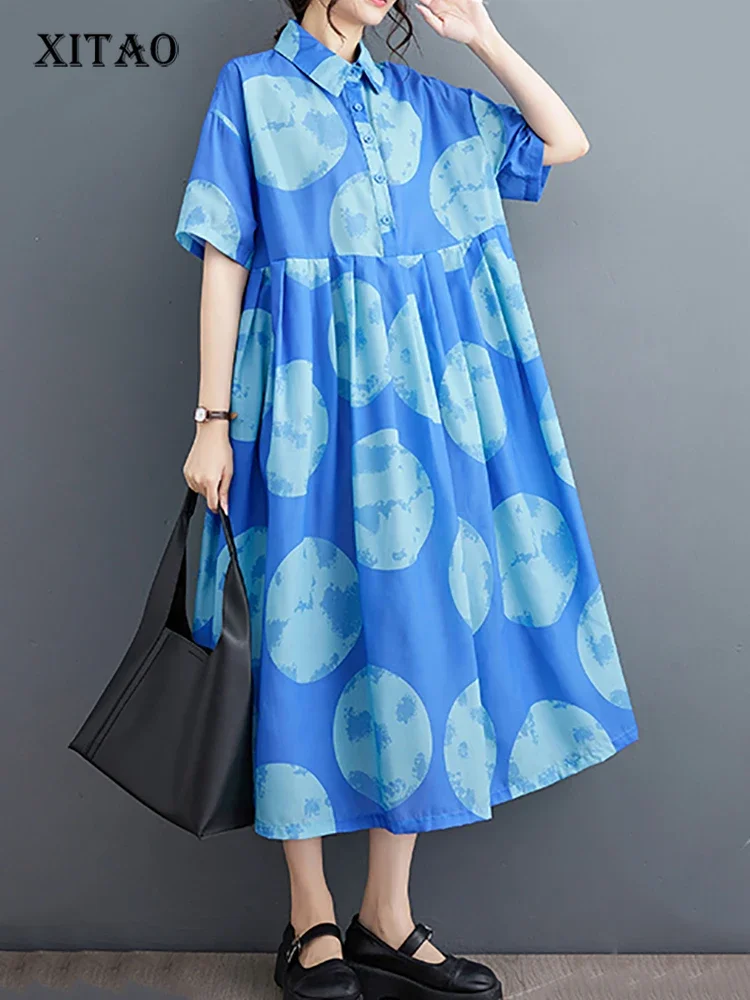 

XITAO Casual Print Shirt Dress Loose Fashion Contrast Color Turn-down Collar Women Dress 2024 Simplicity Summer New DMJ1733