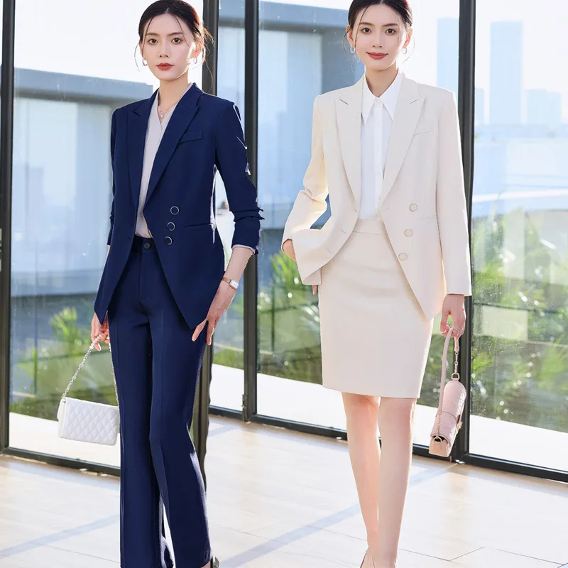 Apricot-colored professional suit for women, spring and autumn office attire, formal workwear for office workers, hostess' photo