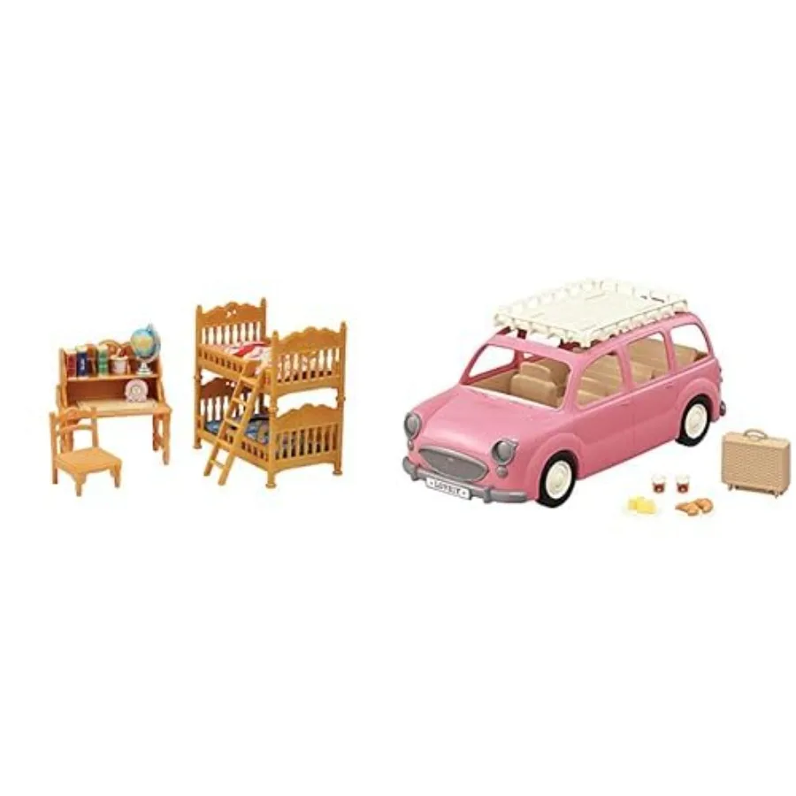 

's Bedroom Set with Family Picnic Van - Complete Room Set with 19 Pieces 10-Seater Vehicle, MDF wood, pastel blue and white, ec