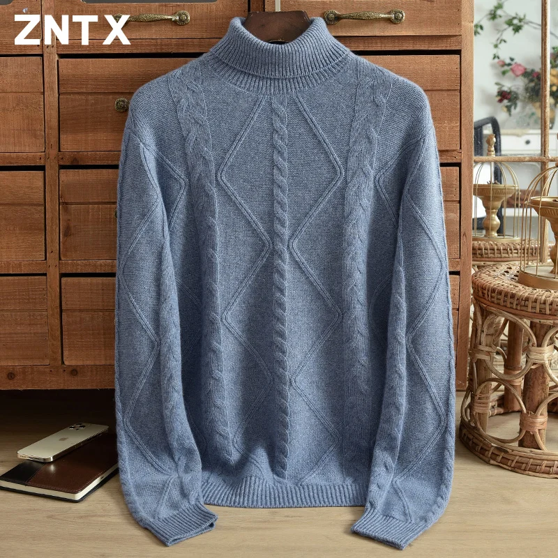 ZNTX Men's pure cashmere sweater lapel jacquard super thick casual Korean knit sweater high-grade warm winter essential