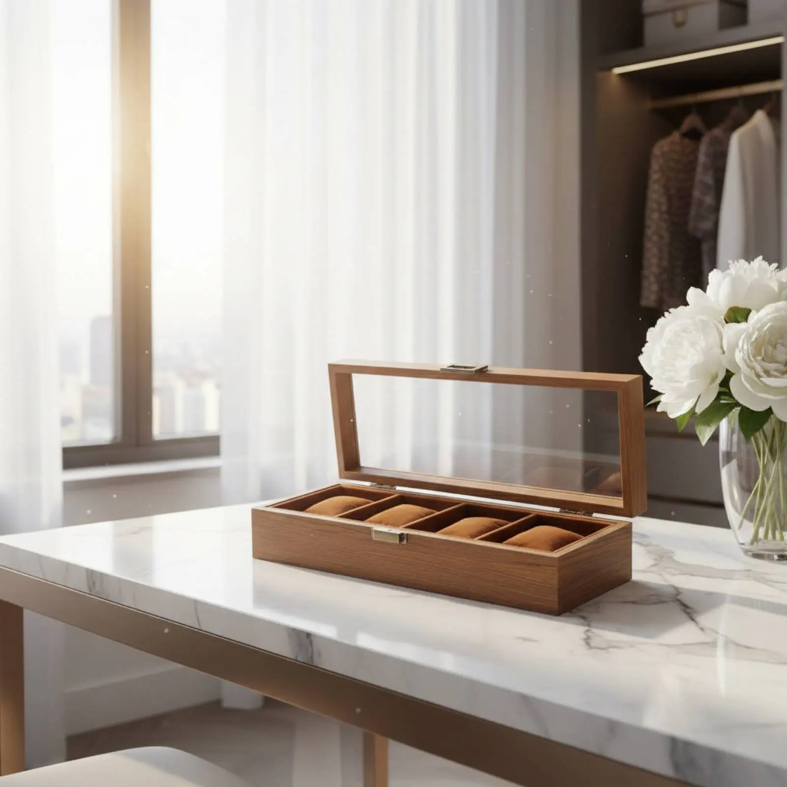 Watch and Jewelry Display Case Perfect Gift Watch Display Box Wooden Jewelry Organizer Lockable Walnut Wood Grain for Men