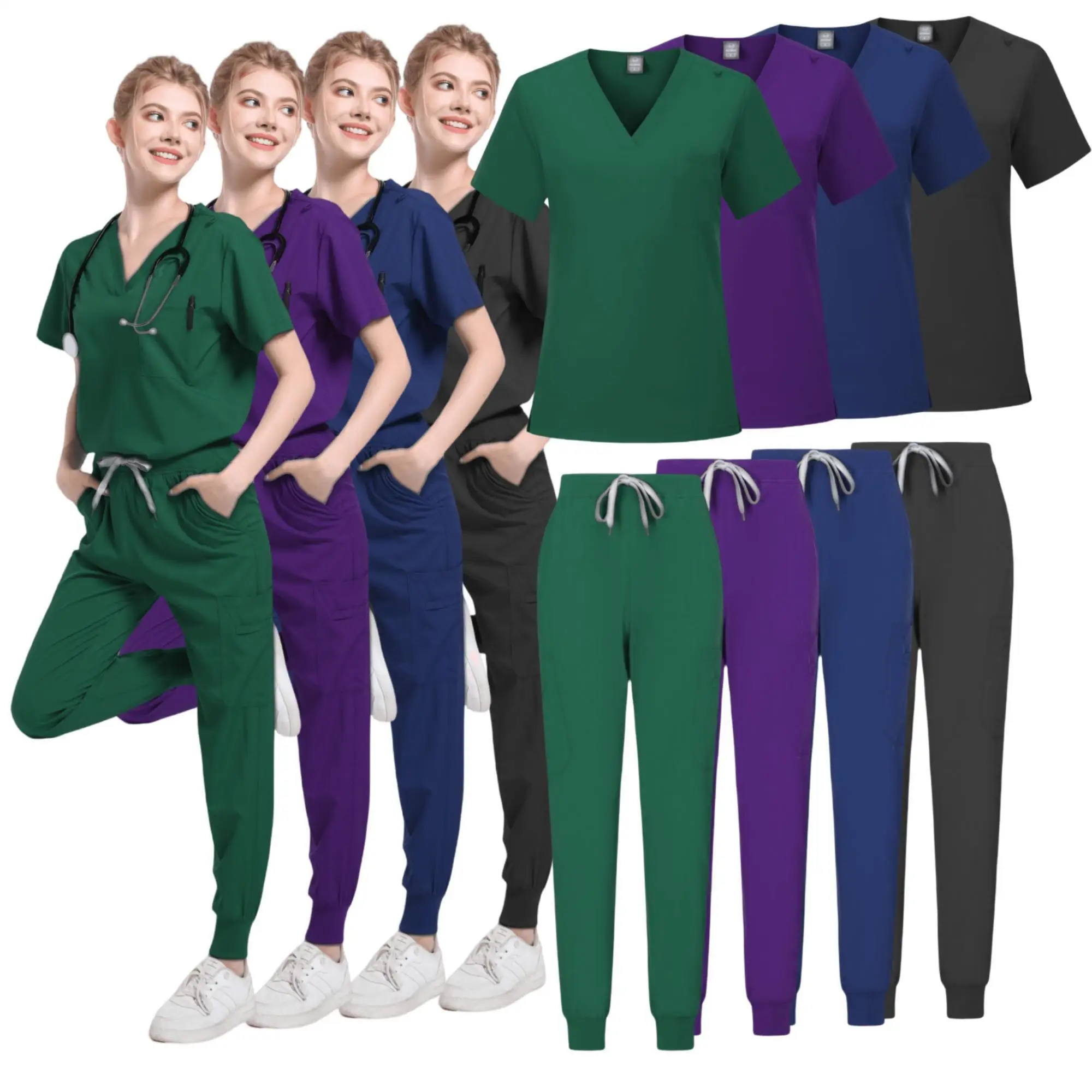 

New Medical Surgical Uniforms Woman Scrub Set Beauty Salon Workwear Clinical Scrubs Top Pocket Pants Vet Doctor Nursing Suit