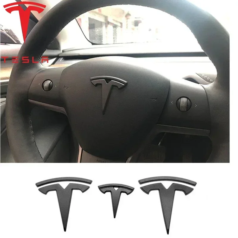 Tesla ABS 3Pcs Glossy Matte Black For Tesla Model 3 Y Auto Logos Steering Wheel Patch Decoration Modified Accessories Tail Box