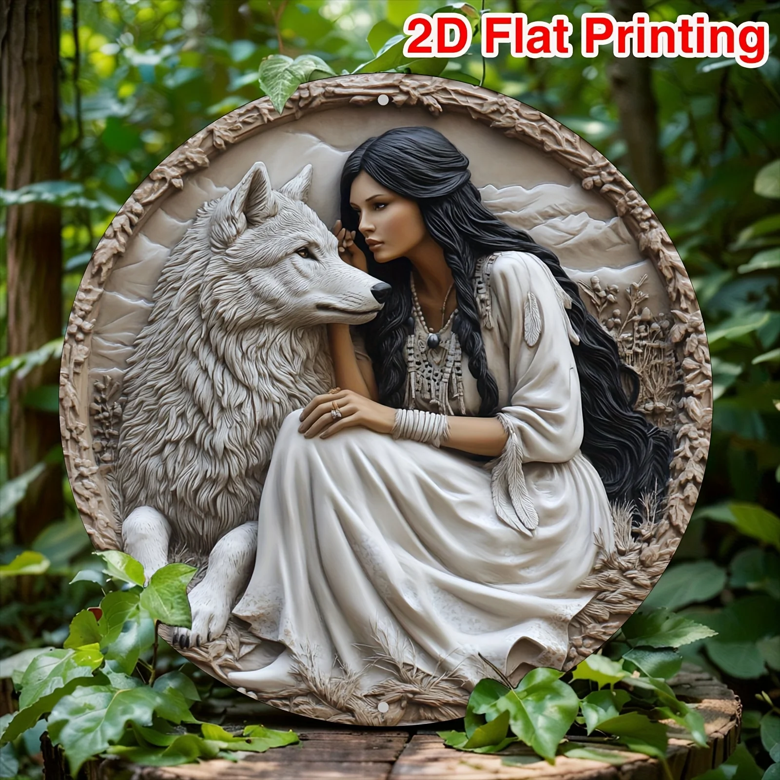 Retro Wolf & Maiden 2D-Wandkunst aus Aluminium – 20,3 x 20,3 cm rundes, detailliertes, handgefertigtes Metallschild für Wohnzimmer, Schlafzimmer