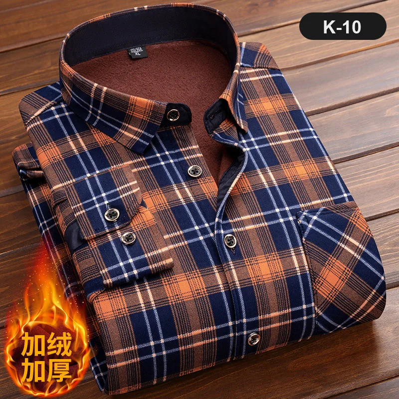 2022 Autumn/Winter New Men\'s Fashion Casual Plaid Long Sleeve Shirt Men\'s Fleece and Thick Warm High Quality Large Size Shirt