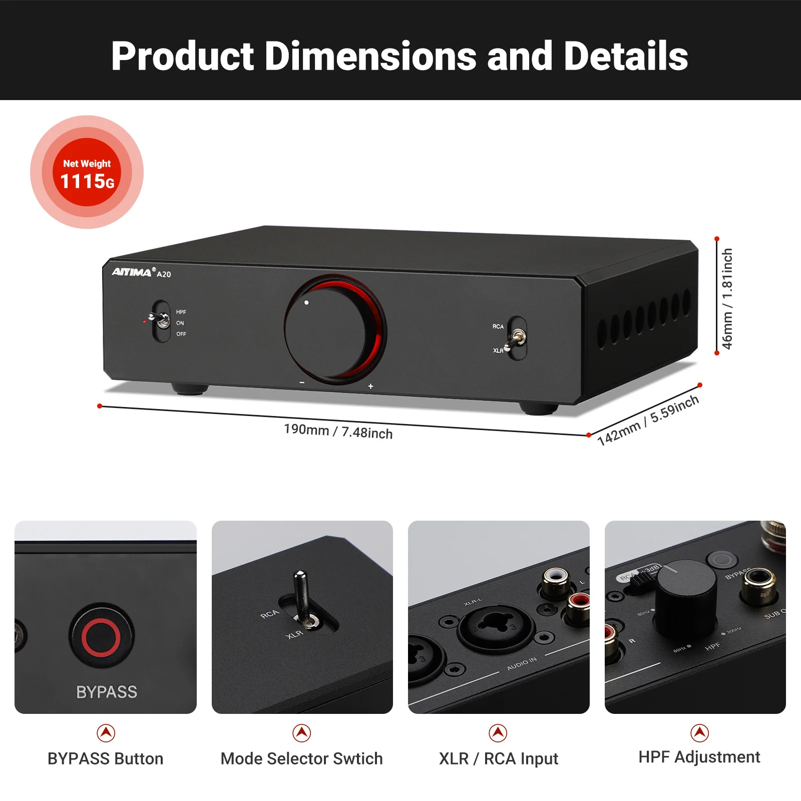 AIYIMA A20 PFFB مضخم طاقة ستيريو TPA3255 HiFi 2.0 Audio Amp 300Wx2 مع XLR/RCA مدخل متوازن بالكامل HPF مرشح تمرير عالي