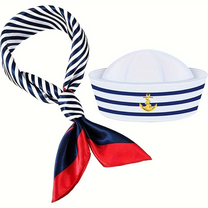 HongLuan White Beach Cosplay Sailor Hat Set, Captain Hats Suit Woman, Rave Festivals Accessories, Cruise Ship Party Caps for Man