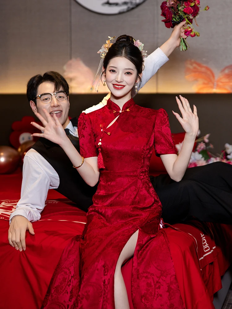 

Red Wedding Improved Version ort Sve mid Waist A-Line Skirt Polyester Fiber Evening Gown for Women