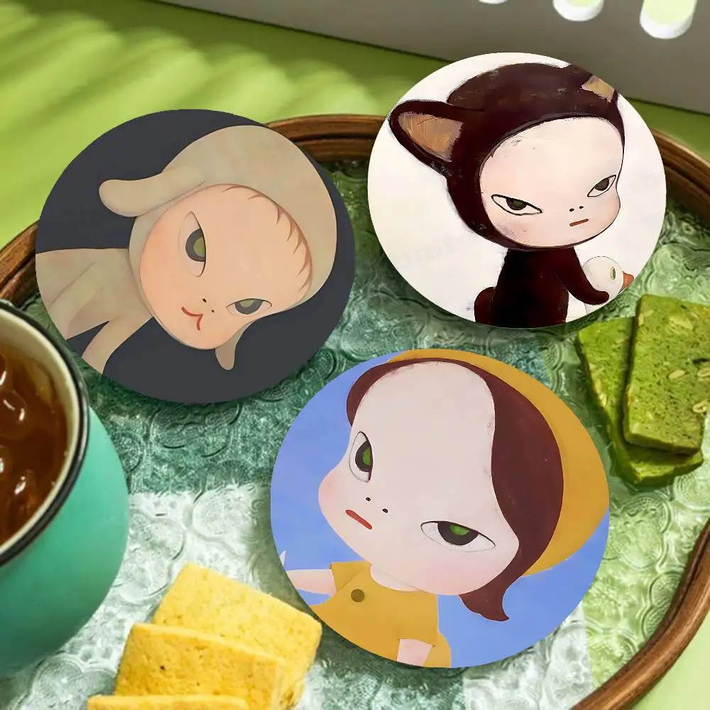 Cartoon Artist Y-Yoshitomo Nara Round Coasters Insulated Durable Cups Coaster Plate Mats Home and Decoration Kitchen Utensils