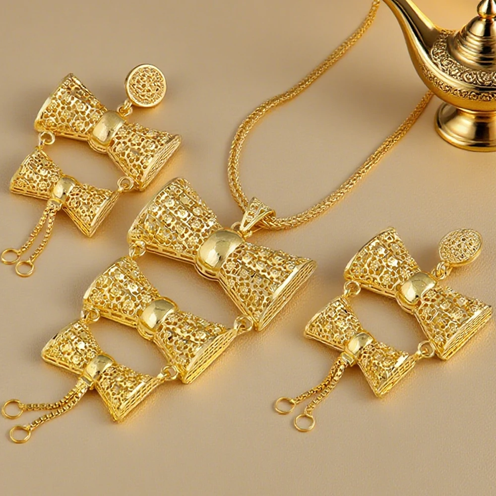 

Saudi Arabia 24K Gold Color Jewelry Sets Ethiopia Wedding Necklace Earring Brazilian Arab Bridal Luxury Set Party Gift Two-Piec