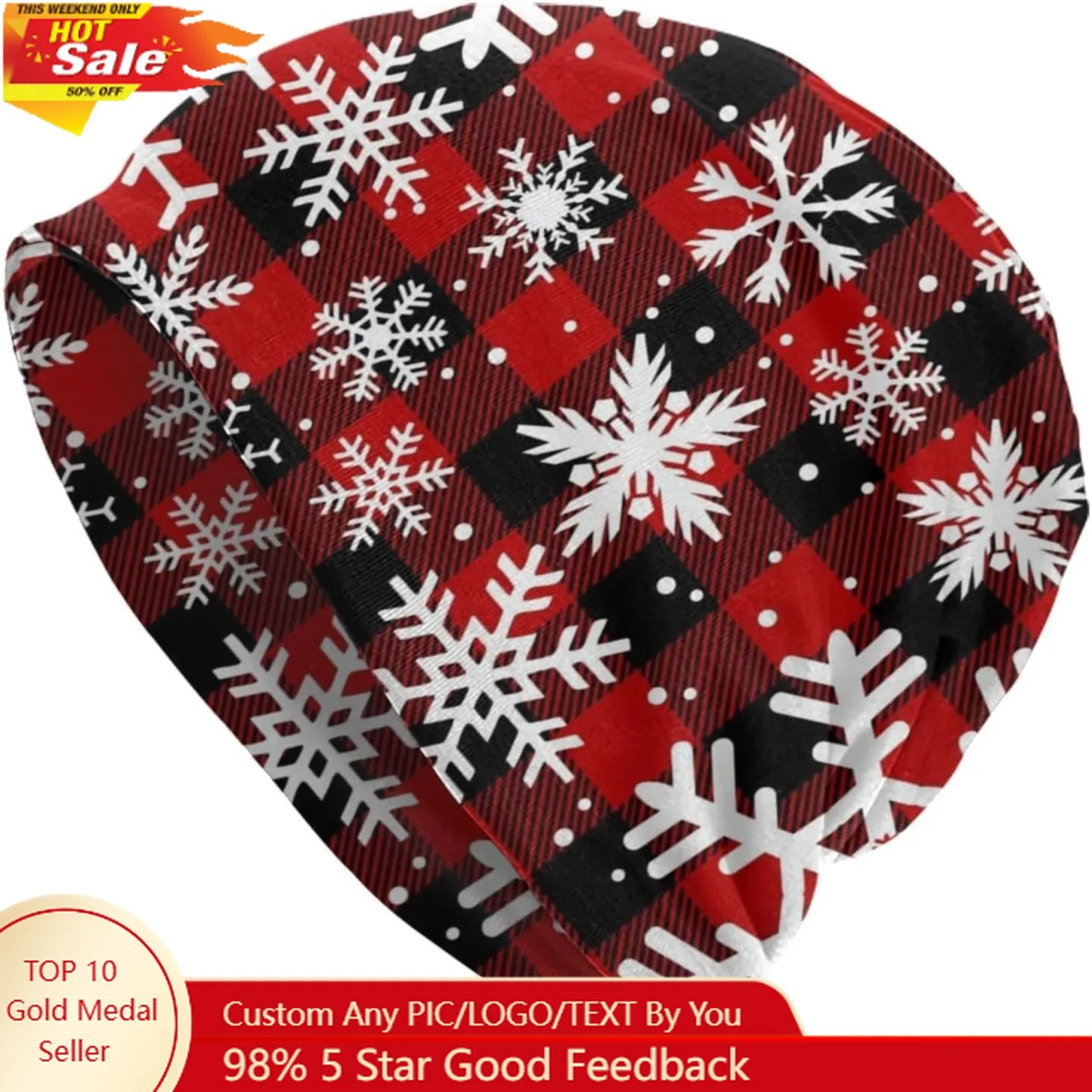 Christmas Snowflakes Plaid Beanie Standard Closed Chemo Knitted Hats Baggy Slouchy Skull Cap Cancer Headwear for Women