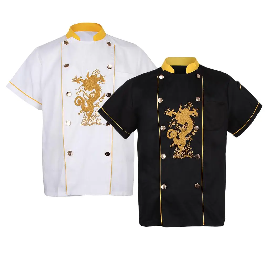 

Рубашка повара с вышивкой дракона, эластичная, из смесового хлопка, с коротким рукавом, дышащая, грязеотталкивающая униформа для персонала кухни