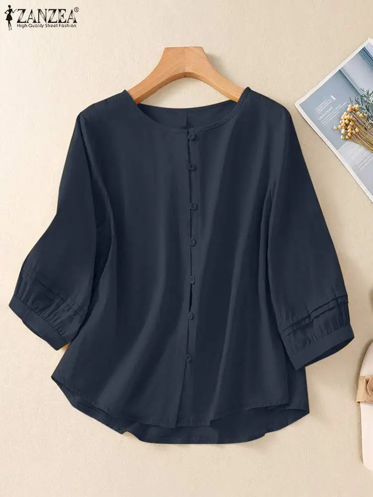 ZANZEA Woman Casual Solid Shirt Spring Vintage Button Blusas Mujer 3/4 Sleeve O Neck Tunic Tops Fashion OL Work Blouse Oversized