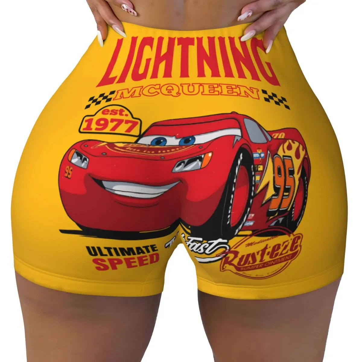 

Custom Women's Retro Lightning McQueen Cars Workout Yoga Shorts Animes Athletic Gym Biker Running Shorts