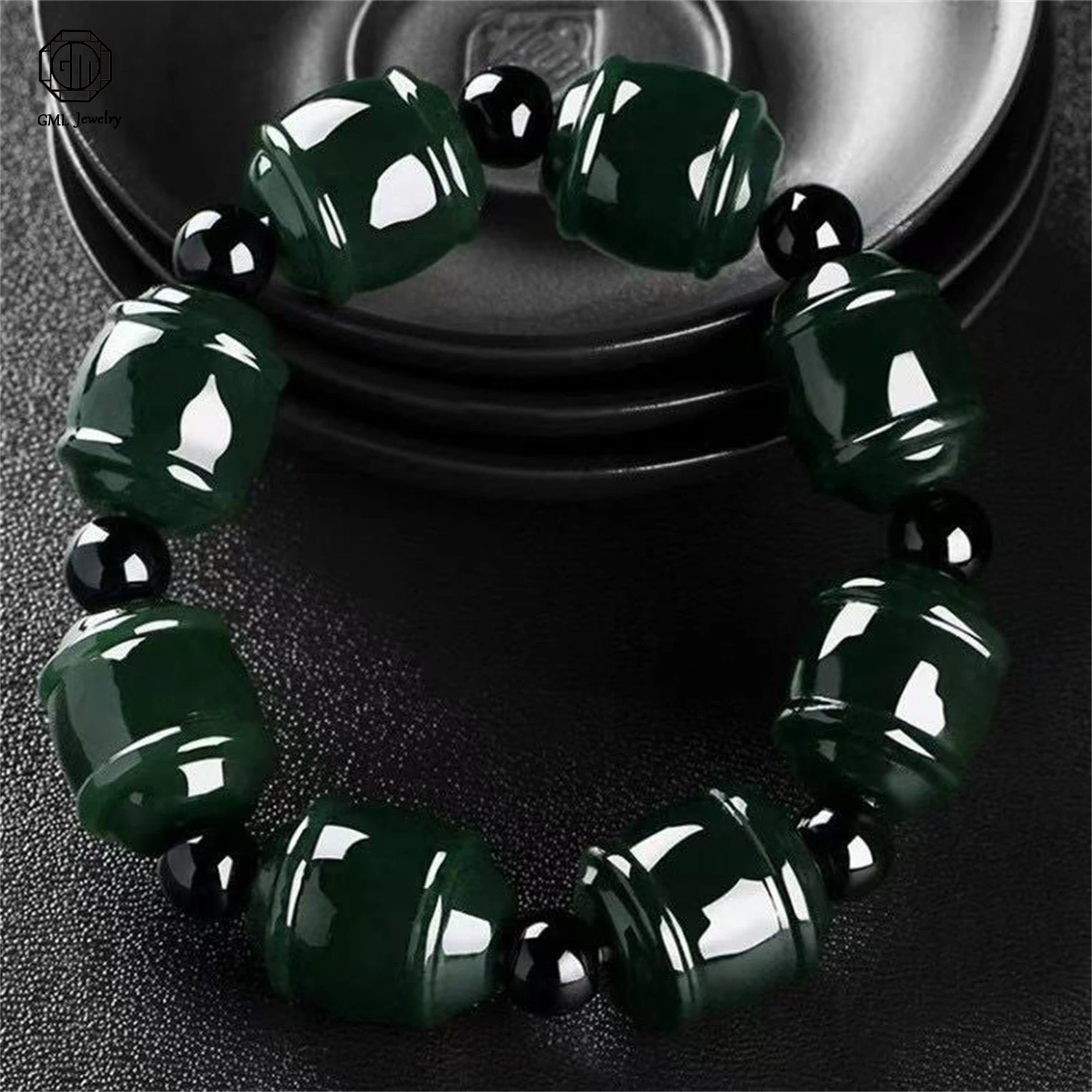 

Natural Hetian Dark Green Jade Lantern Barrel Single Strand Beaded Bracelet Unisex Men Women Gemstone Exquisite Jewelry Gift