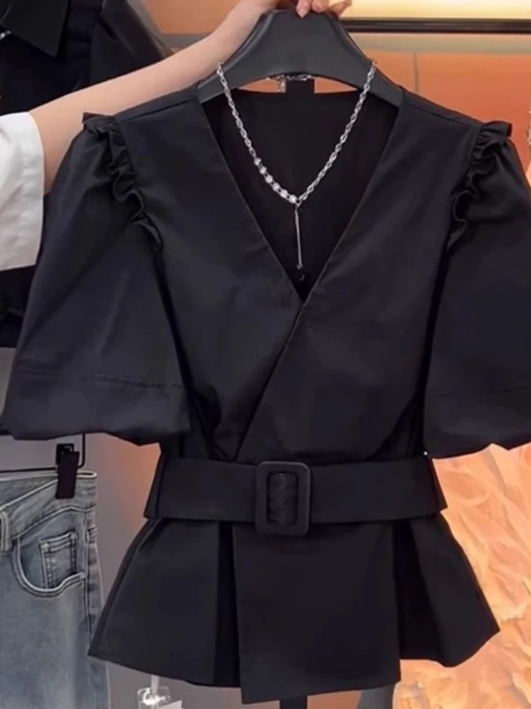 

Small Fragrance Shirts Solid Color Sashes Ruffles Patchwrok Crop Tops Puff Sleeve Blouses Summer Female Slim Women Clothing 2025