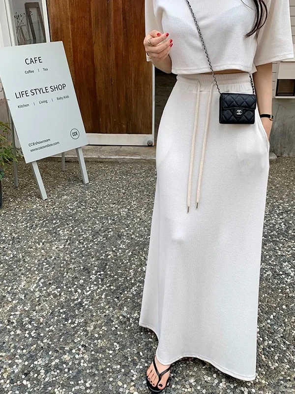 Chic Summer New Pure Color ort Sve T-irt High Waist Wide Leg Casual  Skirt Versatile High Waist Belted Wide Leg Ca...