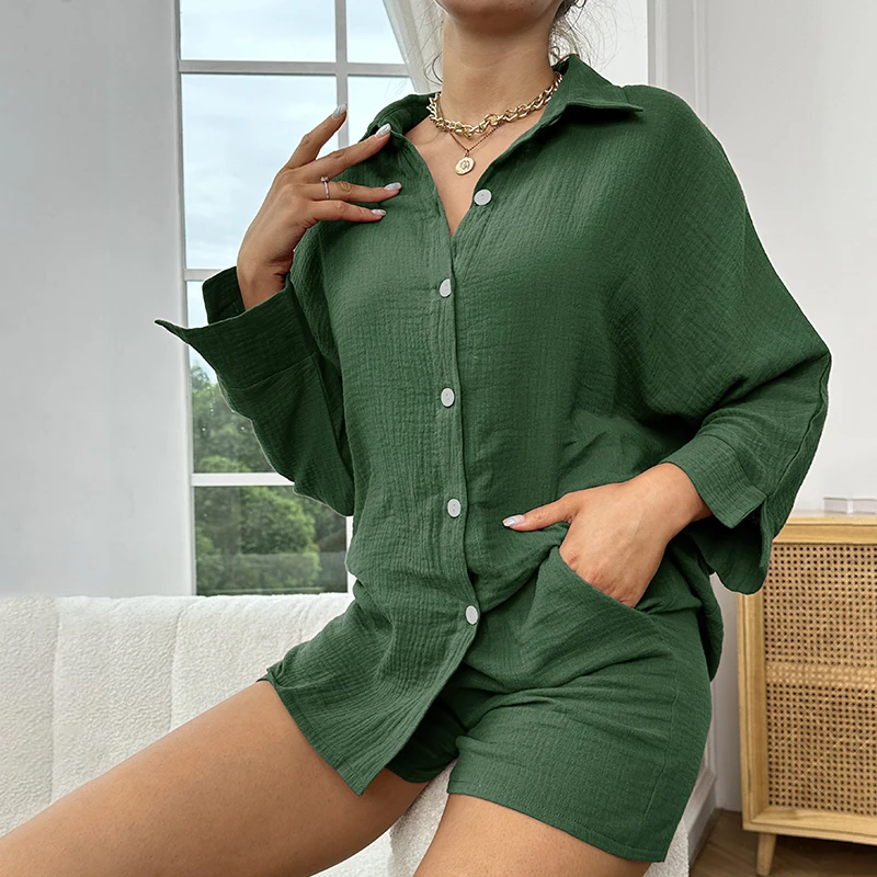 Women\'s Nightwear Cotton Lounge Pajama Set Long Sleeve Lapel Neck Top With Shorts Two Piece Sleepwear Summer Casual Loungewear