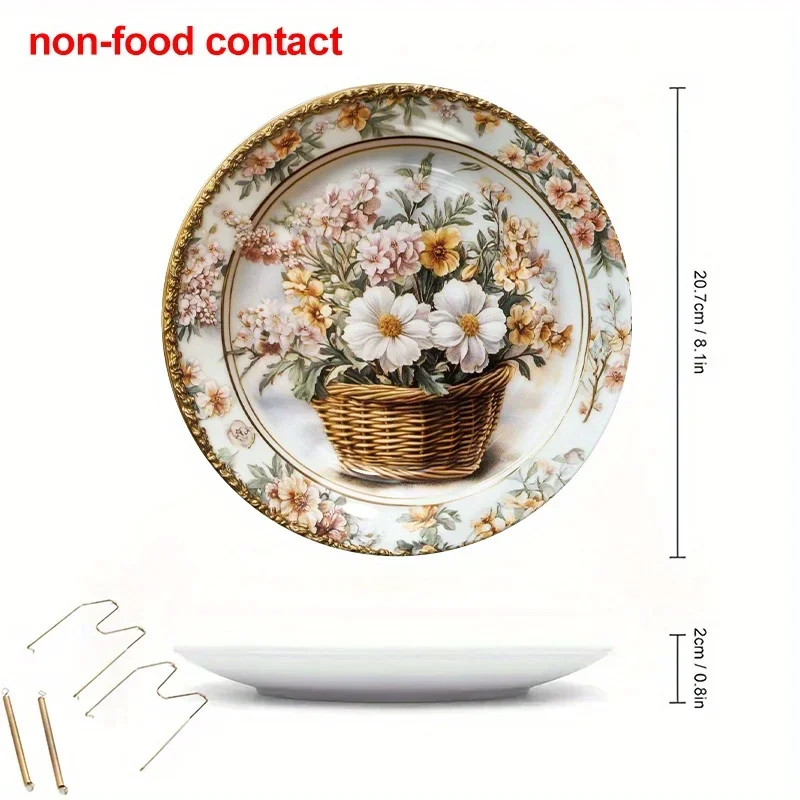 1pc Floral Basket Round Ceramic Hanging Wall Art Plates, Non-Food Contact. Vintage Decorative Flower Art Plates for Home Decor,