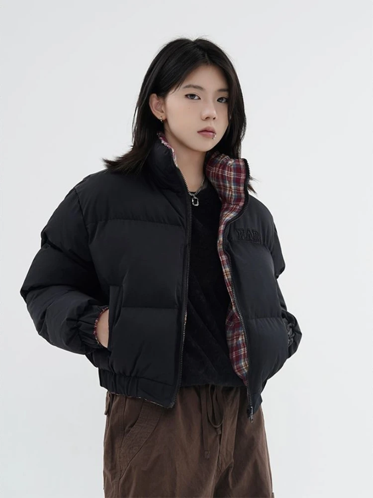 Winter Cropped Thicken Jacket Women Double-sided Retro Korean Style Cotton Padded Parkas High Street Vintage Loose Pocket Coat