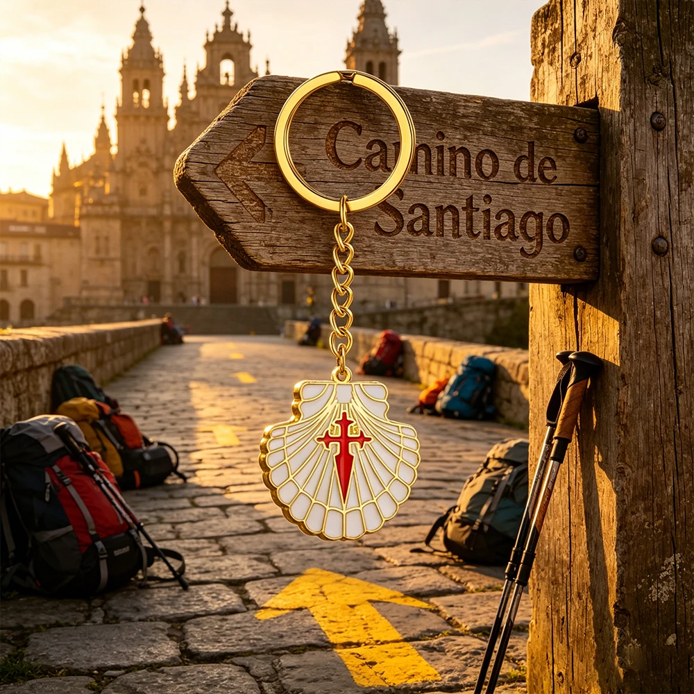 

HIPEE Enamel Saint James Crusader Shell Shaped Cross Keychain Camino de Saintiago Keychain