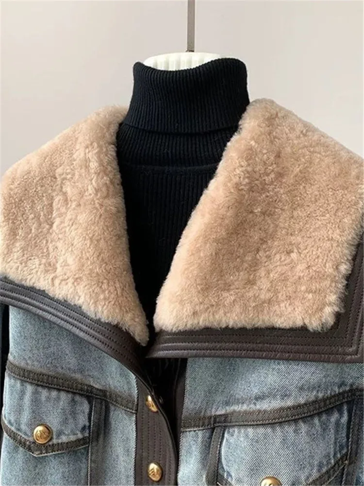 Vestes en denim d'hiver pour femmes, cuir de mouton naturel, col en fourrure, doublure en duvet d'oie blanche, vêtements d'extérieur en denim, haute qualité