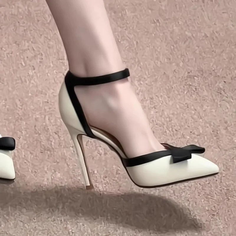 

Sexy Spring Autumn Women's Bow Retro Middle Heel Single Shoes Square Head Leather Pumps Fashion Elegant Thick Heeled Shoes