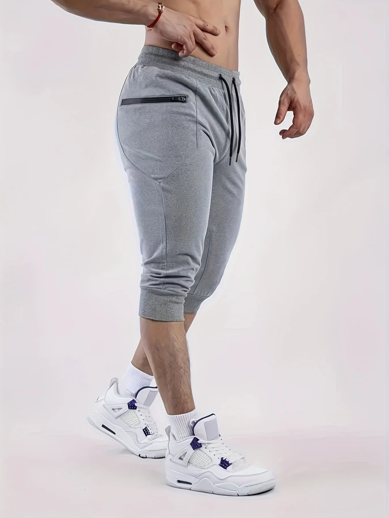 メンズ 3/4丈 アスレチックパンツ ドローストリングウエスト ジッパーポケット付き スポーティースタイル ワークアウトや日常着に最適