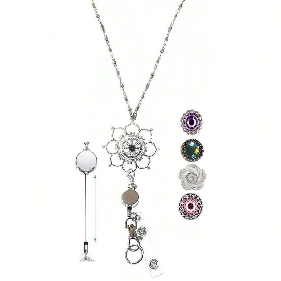 

Hidden Hollow Beads Interchangeable Snap Button Lanyard Women's Stainlesss Steel Chain ID Badge Holder Teacher Cruise Phone