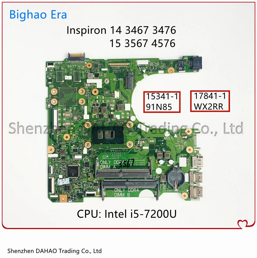 15341-1 17841-1 For Dell 3467 3476 15 3567 3576 Laptop Motherboard With Intel i3-6006U i5-7200U i7-8550U CPU UMA DDR4 CN-0RY2Y1