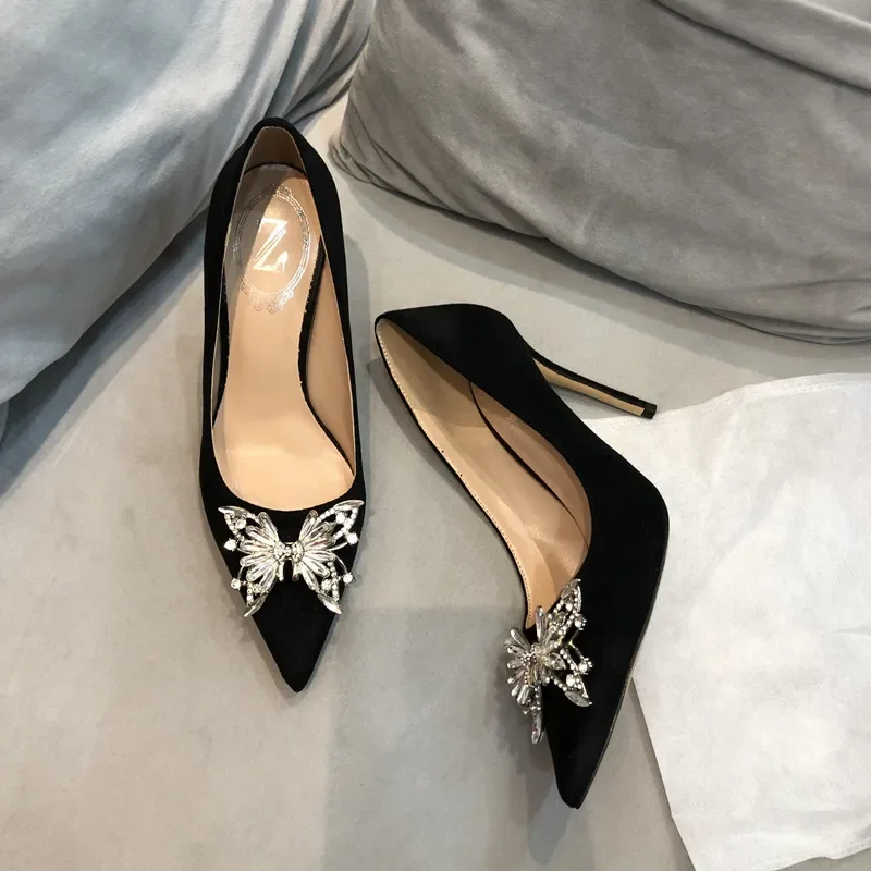 

Pointed diamond butterfly black suede high heels, not tiring women's shoes, real leather shoes, single shoes with skirts