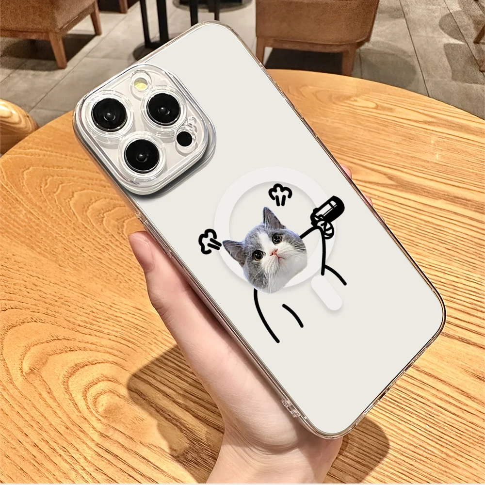 Funda de teléfono con Emojis de gato y perro para iPhone, carcasa suave de carga transparente magnética para iPhone 11, 12, 13, 14, 15, 16 Pro Max Plus, Magesafe