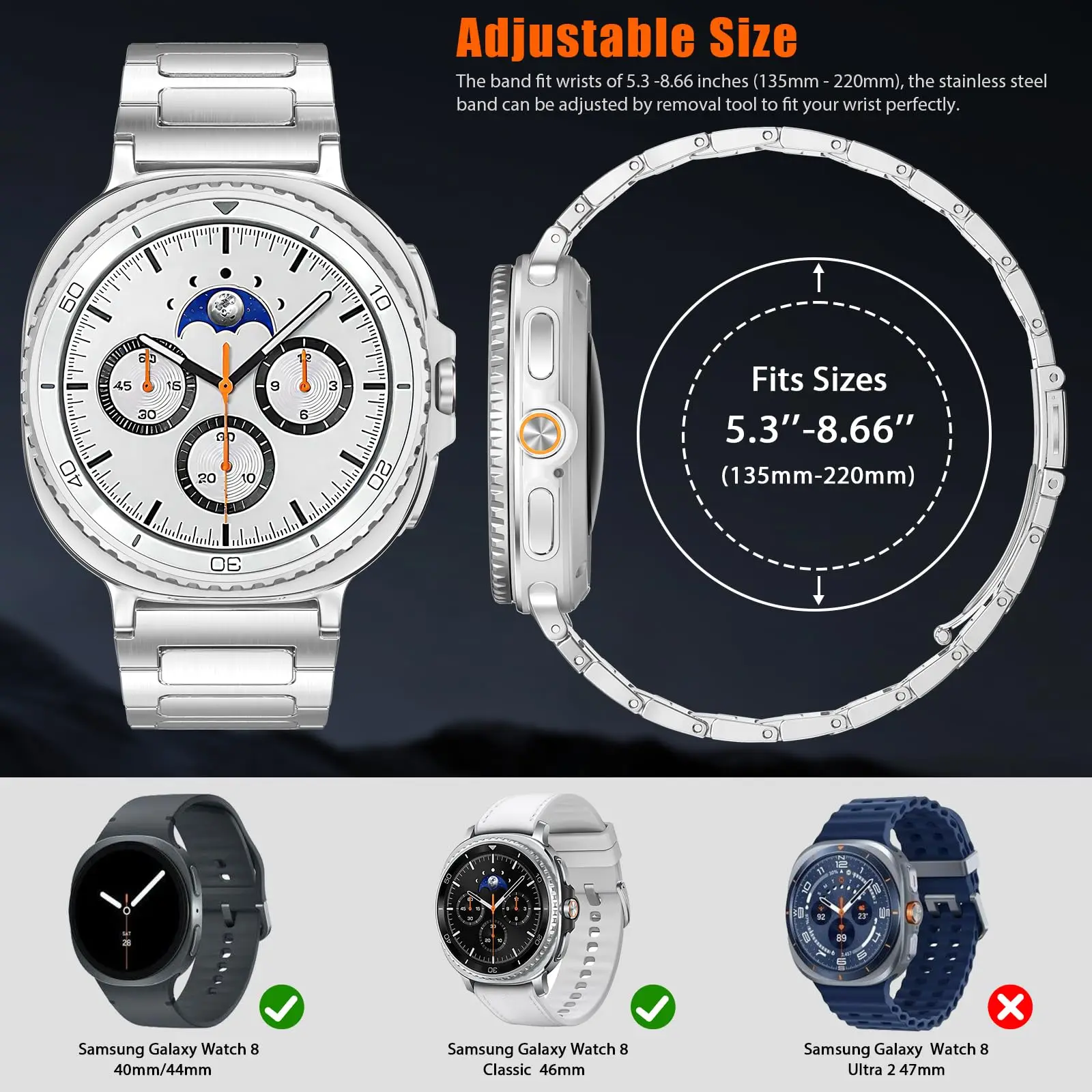 Stainless Steel Band for Samsung Galaxy Watch 8 Classic 8 44mm Luxury Metal No Gaps Strap for Watch 8 40mm Bracelet Watchband
