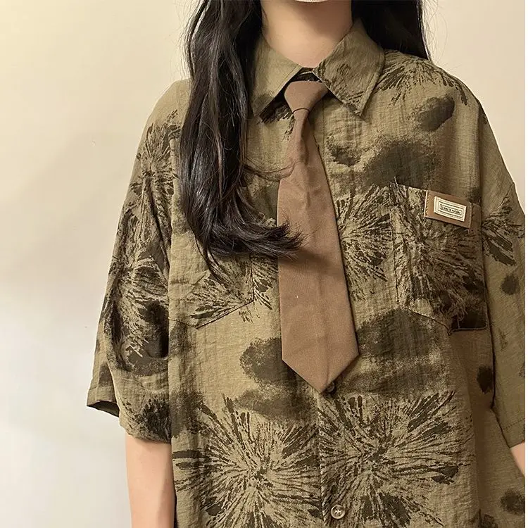 

Retro Loose Casual Design Thin Short Sleeve Women's Shirt Summer Lazy Style Versatile Collar Polyester Fiber