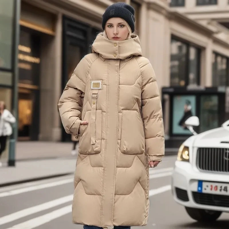 Parkas longas e quentes com capuz para mulheres, jaqueta, casaco de algodão espessado, à prova de vento, casaco de neve, moda feminina, novo