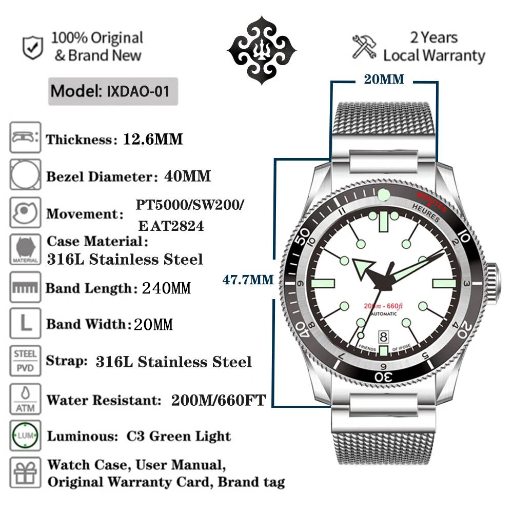 Relógio mecânico automático para homens, IPOSE IX e DAO GMT, PT5000, relógio casual esportivo de luxo, revestimento AR C3, novo, 40mm, 2024