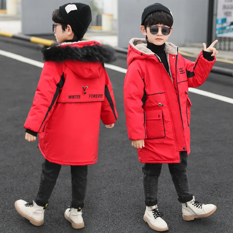 -30℃ 2024 Winter Boys Jacket Plush Thick Cold Prevention Solid Color Hooded Down Cotton Windbreaker Coat For 4-14 Years Old Kids